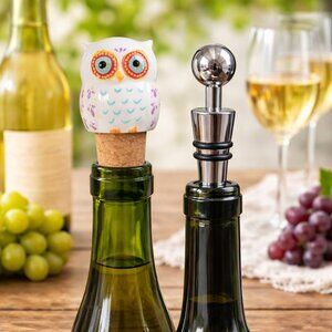 Pair of Ceramic Owl and Silver Cork Wine Stoppers
